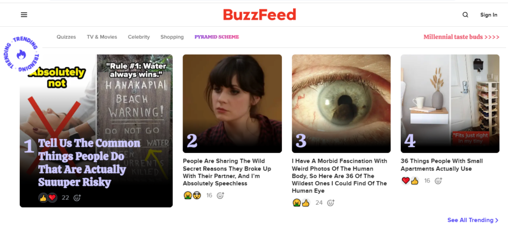 BuzzFeed's home page features a casual and friendly tone, with content that feels like a conversation with a friend.