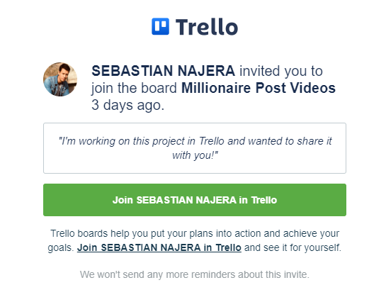 I received a Trello email notification reminding me about a new project that was shared with me.