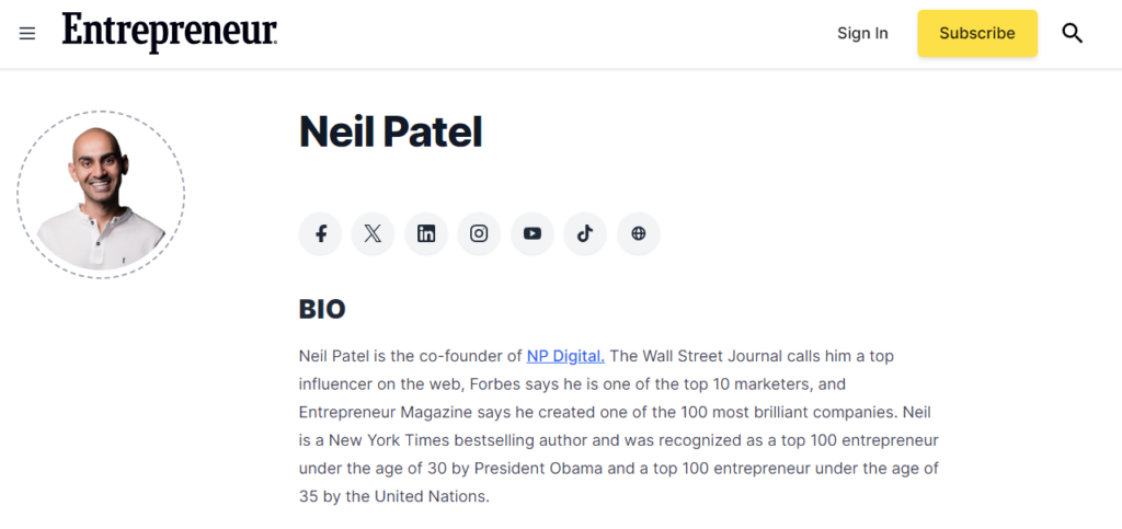 Neil Patel, a digital marketing expert, has written for major outlets like *Forbes* and *Inc.*, boosting his brand and driving traffic to his blog through insightful articles on SEO.