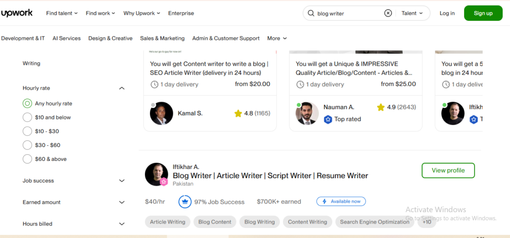 
You can also check out Upwork to hire blog writers on an hourly basis. 